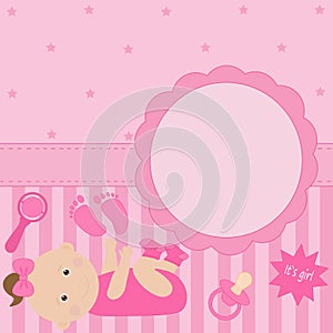 Baby birth card vector flat illustration. Cute newborn kids girl.